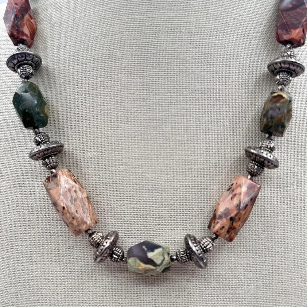 Vintage 80s Leopard Skin Jasper Beaded Statement Necklace Silver Tone‎ Jewelry